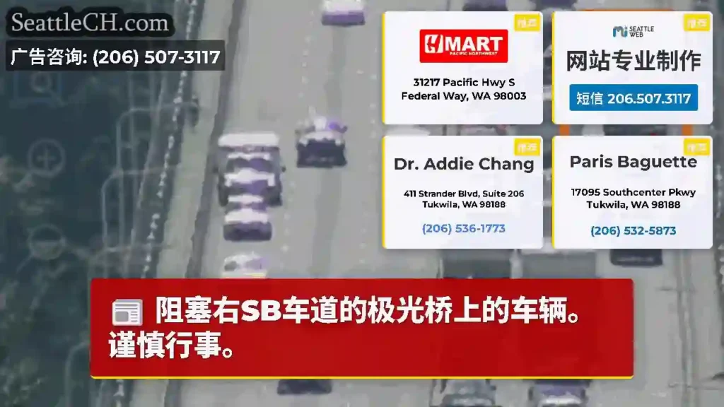 阻塞右SB车道的极光桥上的车辆。谨慎行事。