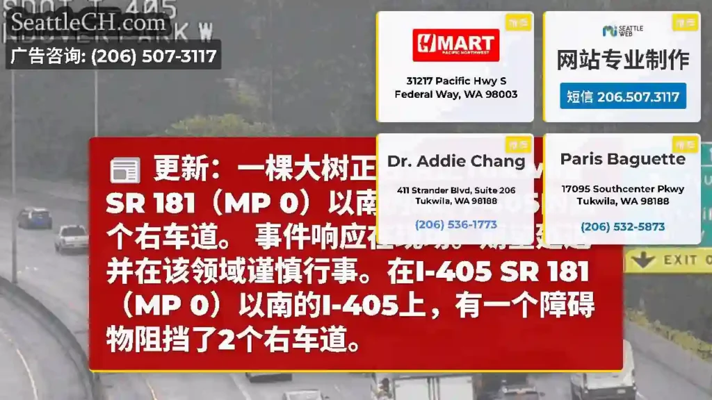 更新：一棵大树正在阻止Tukwila SR 181（MP 0）以南的NB I-405的两个右车道。