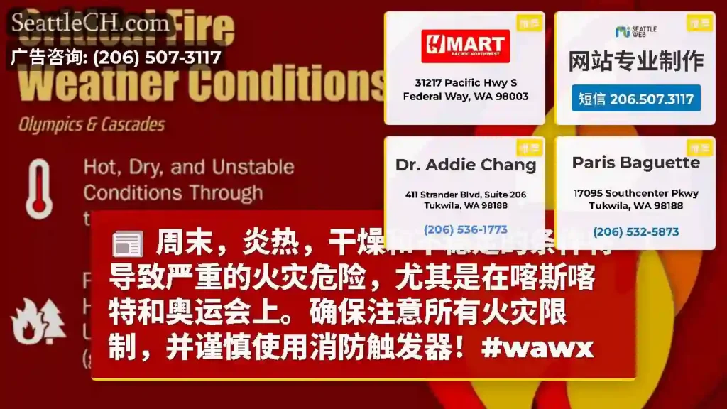 周末，炎热，干燥和不稳定的条件将导致严重的火灾危险，尤其是在喀斯喀特和奥运会上。确保注意所有火灾限制