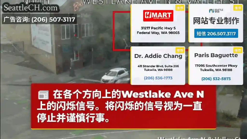 在各个方向上的Westlake Ave N上的闪烁信号。将闪烁的信号视为一直停止并谨慎行事。