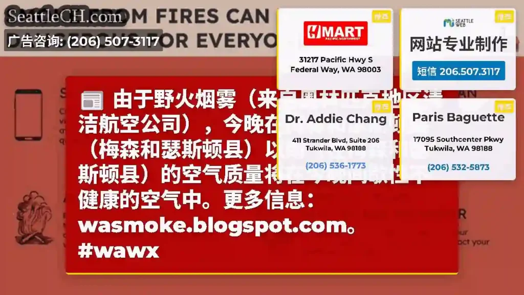 由于野火烟雾（来自奥林匹克地区清洁航空公司），今晚在梅森和瑟斯顿县（梅森和瑟斯顿县）以南（在梅森和瑟