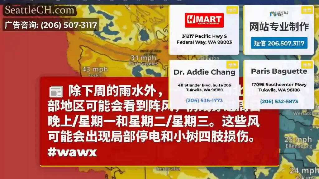 除下周的雨水外，一些沿海和北部内部地区可能会看到阵风，前线穿过周日晚上/星期一和星期二/星期三。这些