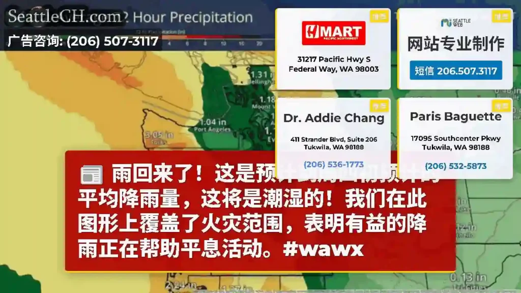 雨回来了！这是预计到周四初预计的平均降雨量，这将是潮湿的！我们在此图形上覆盖了火灾范围，表明有益的降