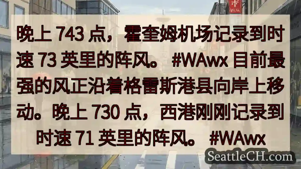 晚上 743 点，霍奎姆机场记录到时速 73 英里的阵风。 #WAwx