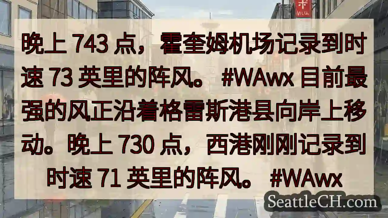 晚上 743 点，霍奎姆机场记录到时速 73 英里的阵风。 #WAwx