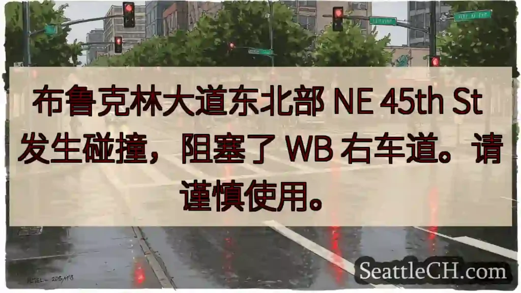 布鲁克林大道东北部 NE 45th St 发生碰撞，阻塞了 WB 右车道。请谨慎使用。