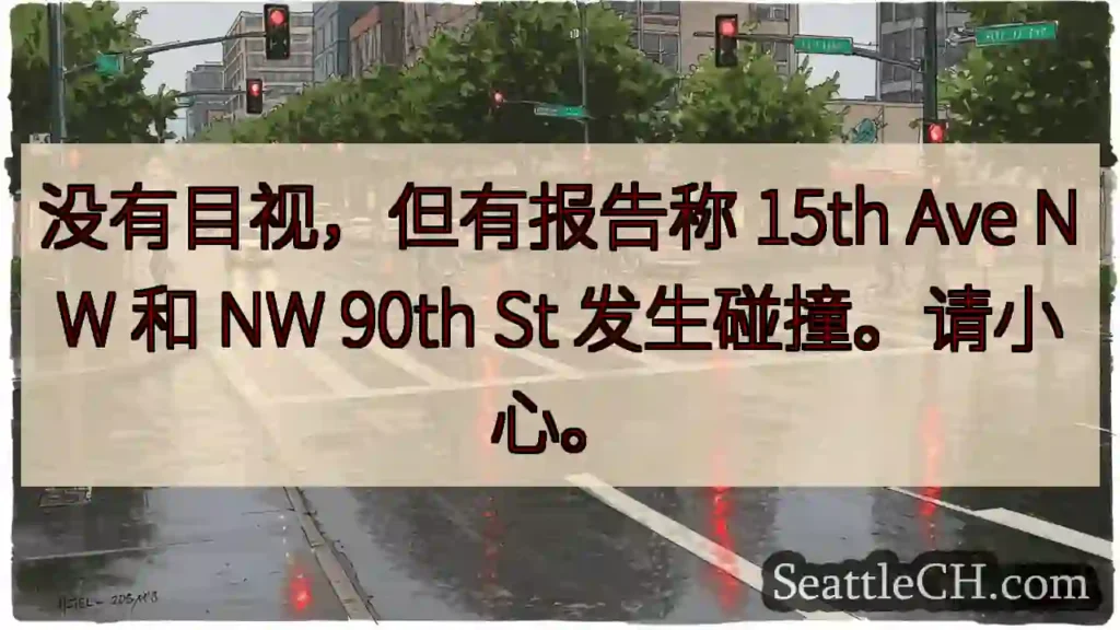 没有目视，但有报告称 15th Ave NW 和 NW 90th St 发生碰撞。请小心。