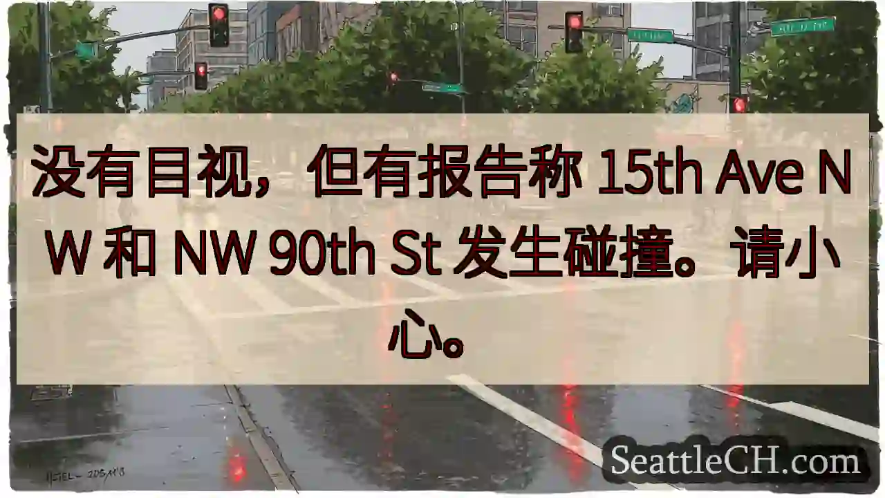 没有目视，但有报告称 15th Ave NW 和 NW 90th St 发生碰撞。请小心。