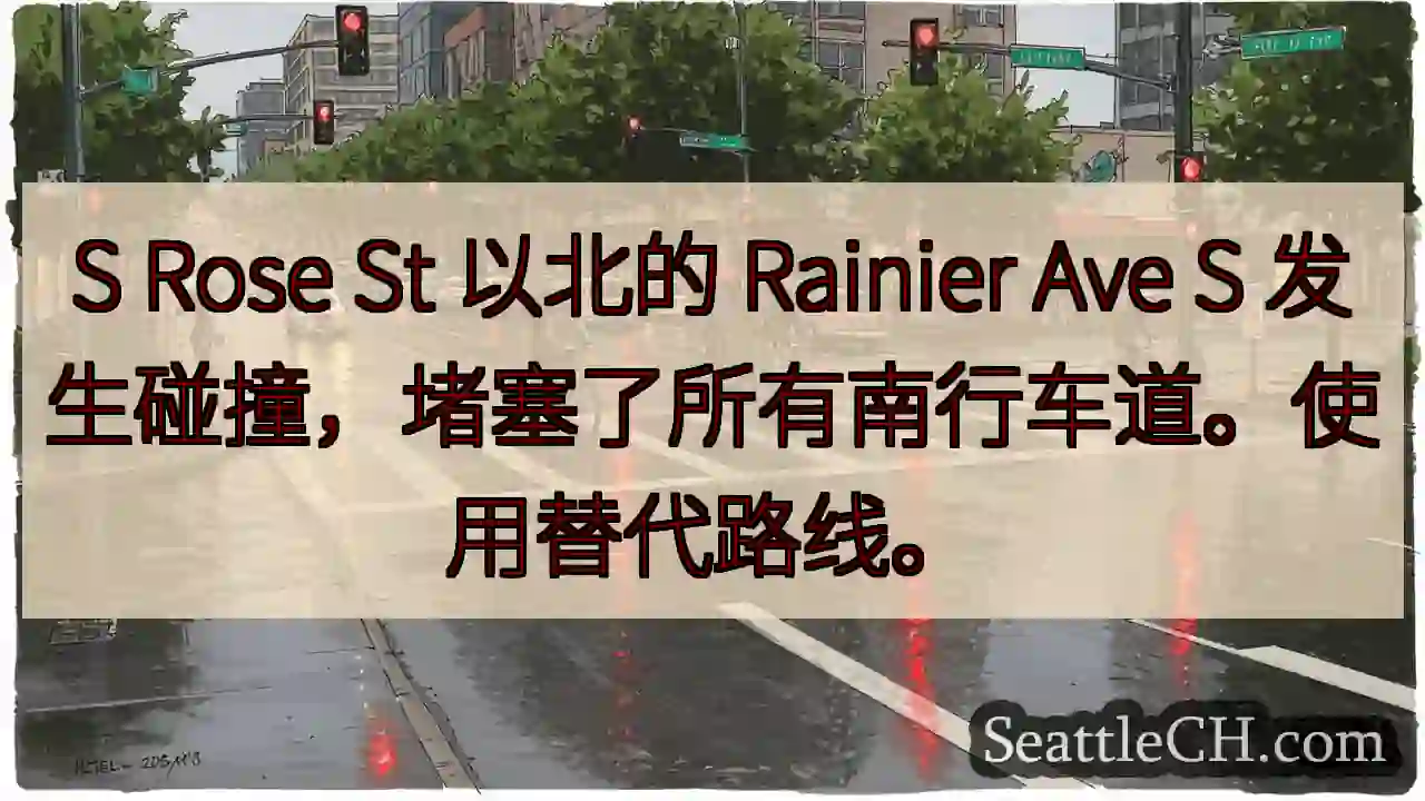 S Rose St 以北的 Rainier Ave S 发生碰撞，堵塞了所有南行车道。使用替代路线。