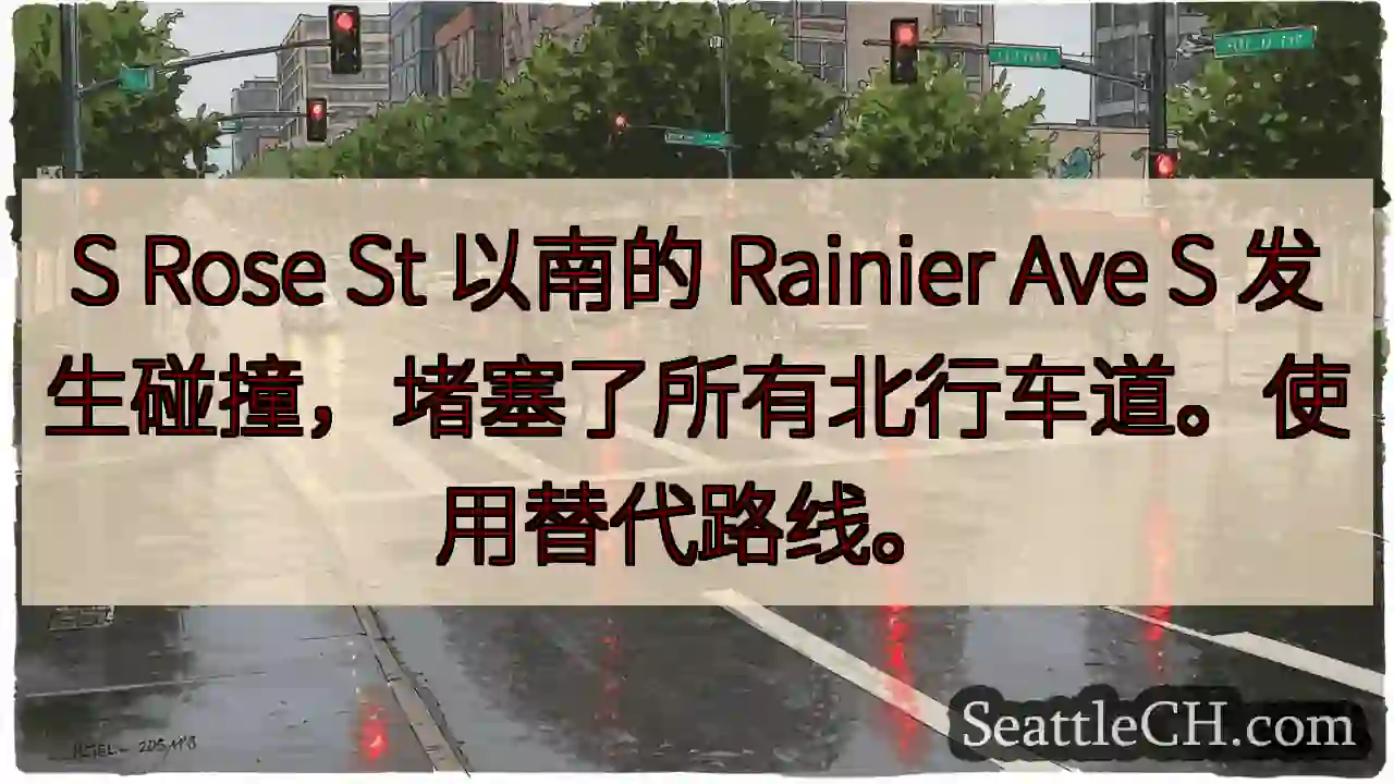 S Rose St 以南的 Rainier Ave S 发生碰撞，堵塞了所有北行车道。使用替代路线。