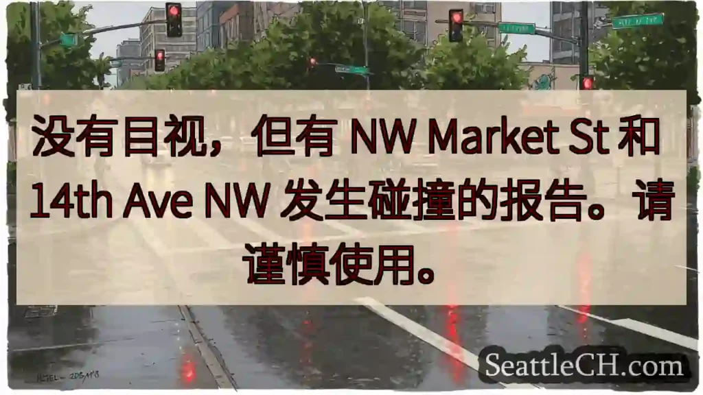 没有目视，但有 NW Market St 和 14th Ave NW 发生碰撞的报告。请谨慎使用。