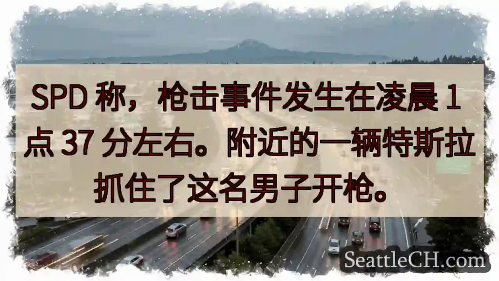 SPD 称,枪击事件发生在凌晨 1 点 37 分左右。附近的一辆特斯拉抓住了这名男子开枪。
