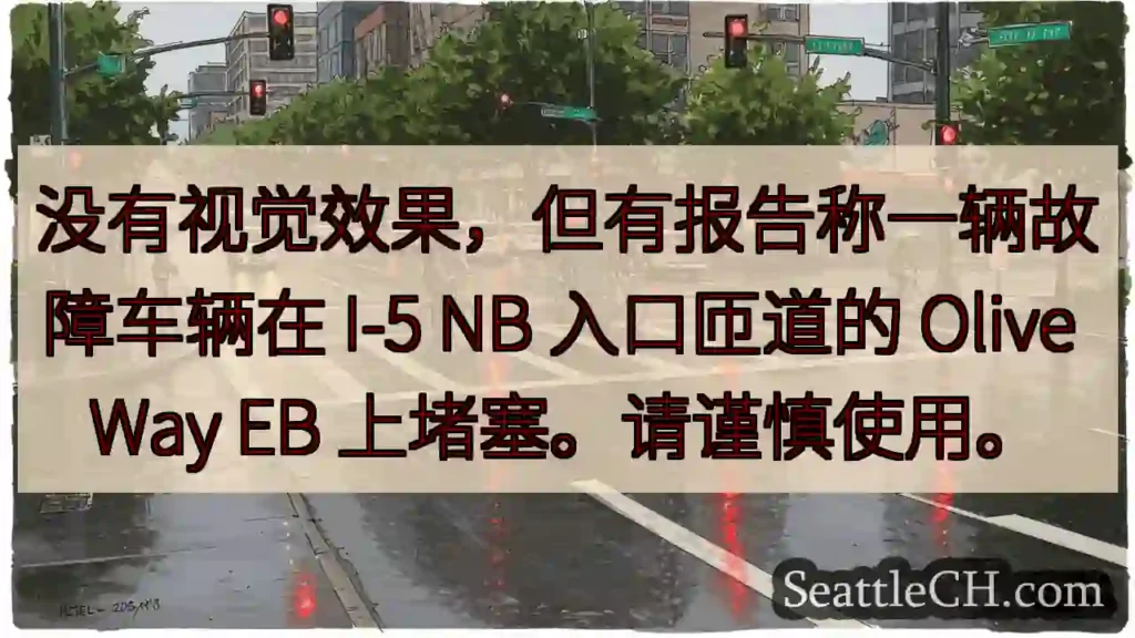 没有视觉效果，但有报告称一辆故障车辆在 I-5 NB 入口匝道的 Olive Way EB