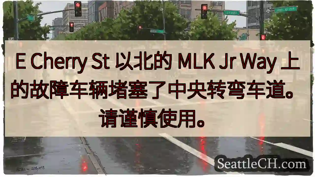 E Cherry St 以北的 MLK Jr Way 上的故障车辆堵塞了中央转弯车道。请谨慎使用。