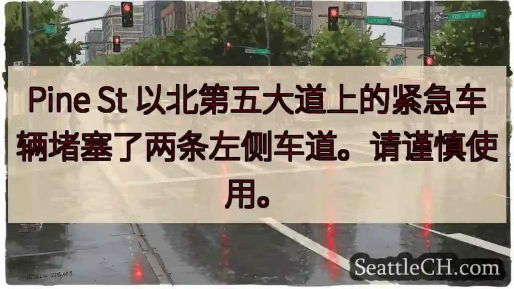 Pine St 以北第五大道上的紧急车辆堵塞了两条左侧车道。请谨慎使用。