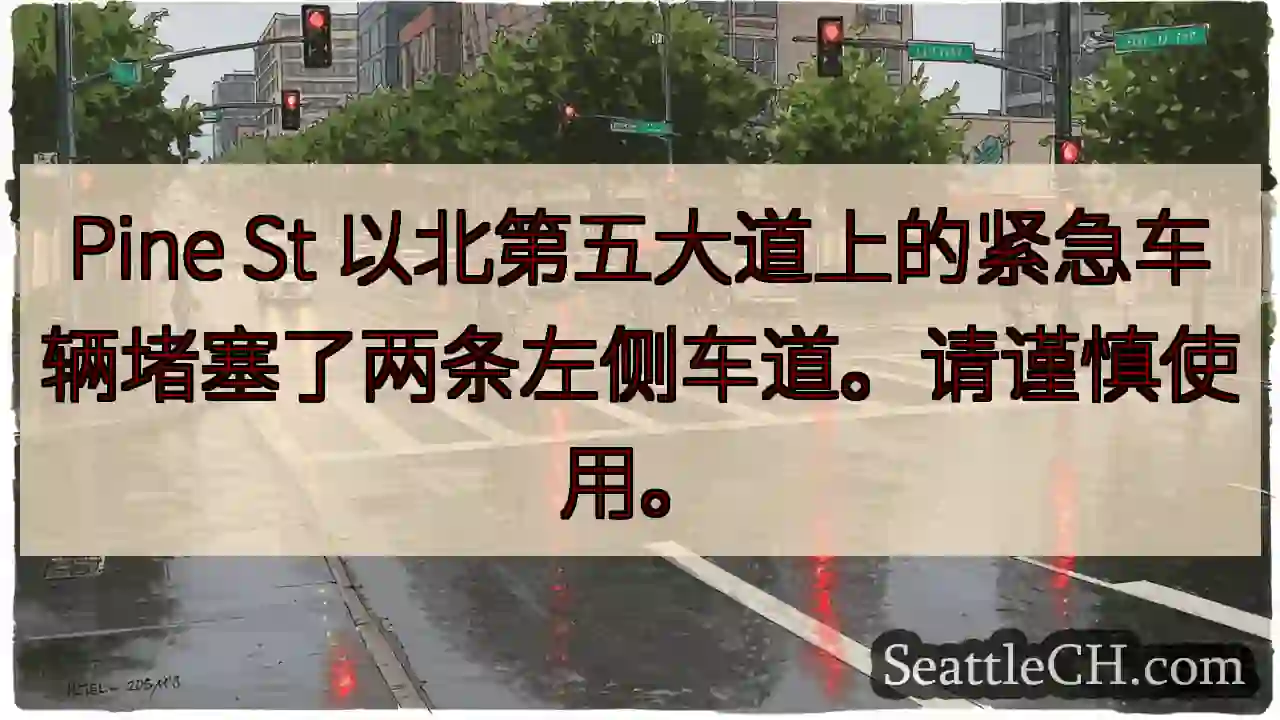 Pine St 以北第五大道上的紧急车辆堵塞了两条左侧车道。请谨慎使用。