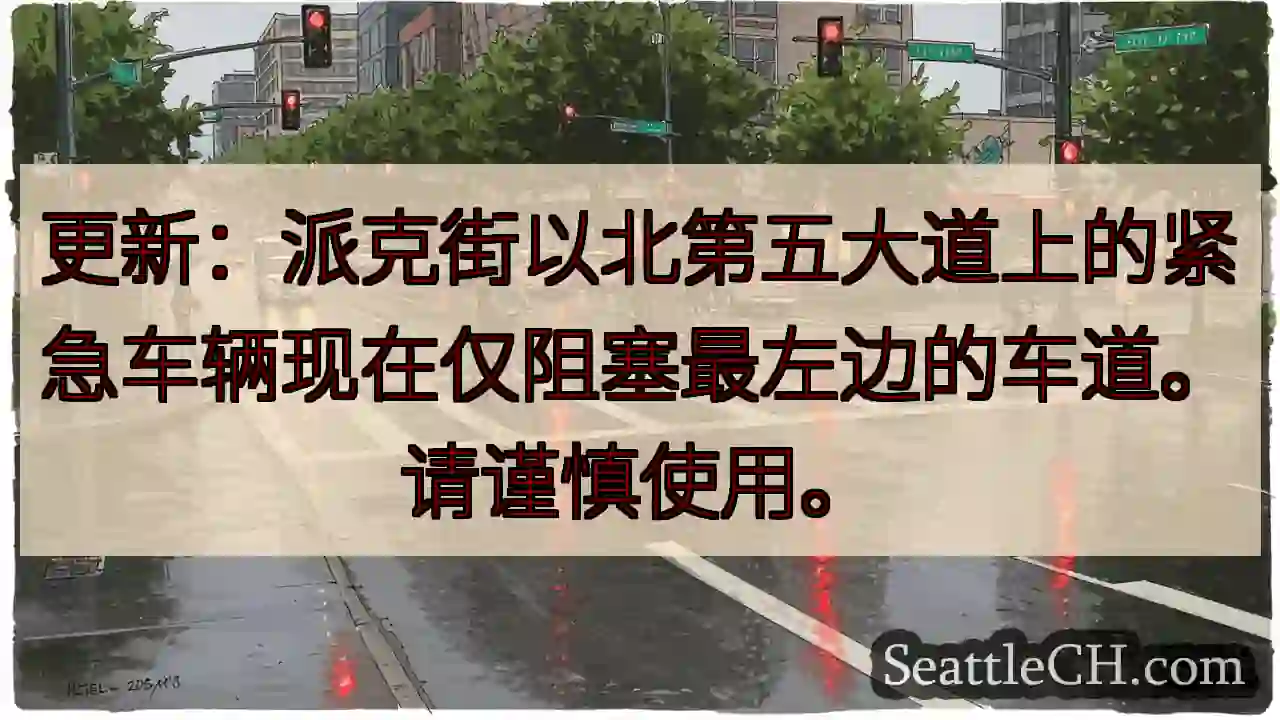 更新：派克街以北第五大道上的紧急车辆现在仅阻塞最左边的车道。请谨慎使用。