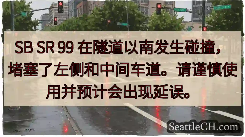 SB SR 99 在隧道以南发生碰撞,堵塞了左侧和中间车道。请谨慎使用并预计会出现延误。