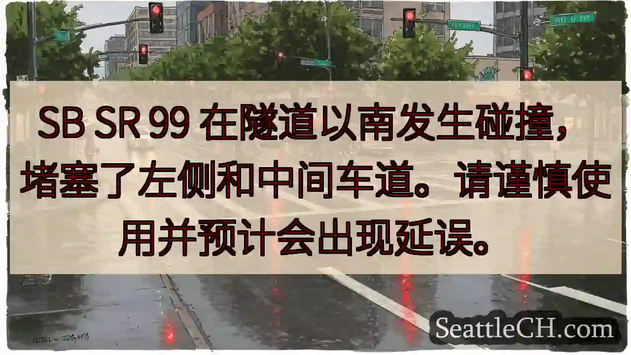 SB SR 99 在隧道以南发生碰撞，堵塞了左侧和中间车道。请谨慎使用并预计会出现延误。
