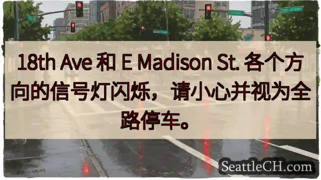 18th Ave 和 E Madison St. 各个方向的信号灯闪烁,请小心并视为全路停车。