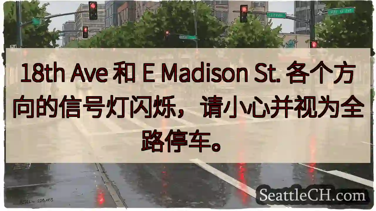 18th Ave 和 E Madison St. 各个方向的信号灯闪烁，请小心并视为全路停车。