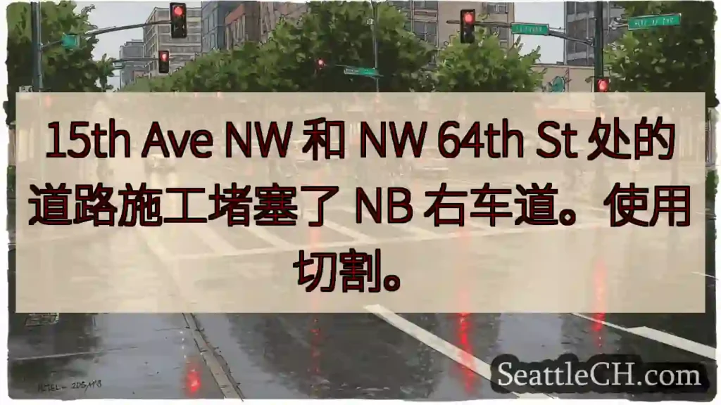 15th Ave NW 和 NW 64th St 处的道路施工堵塞了 NB 右车道。使用切割。