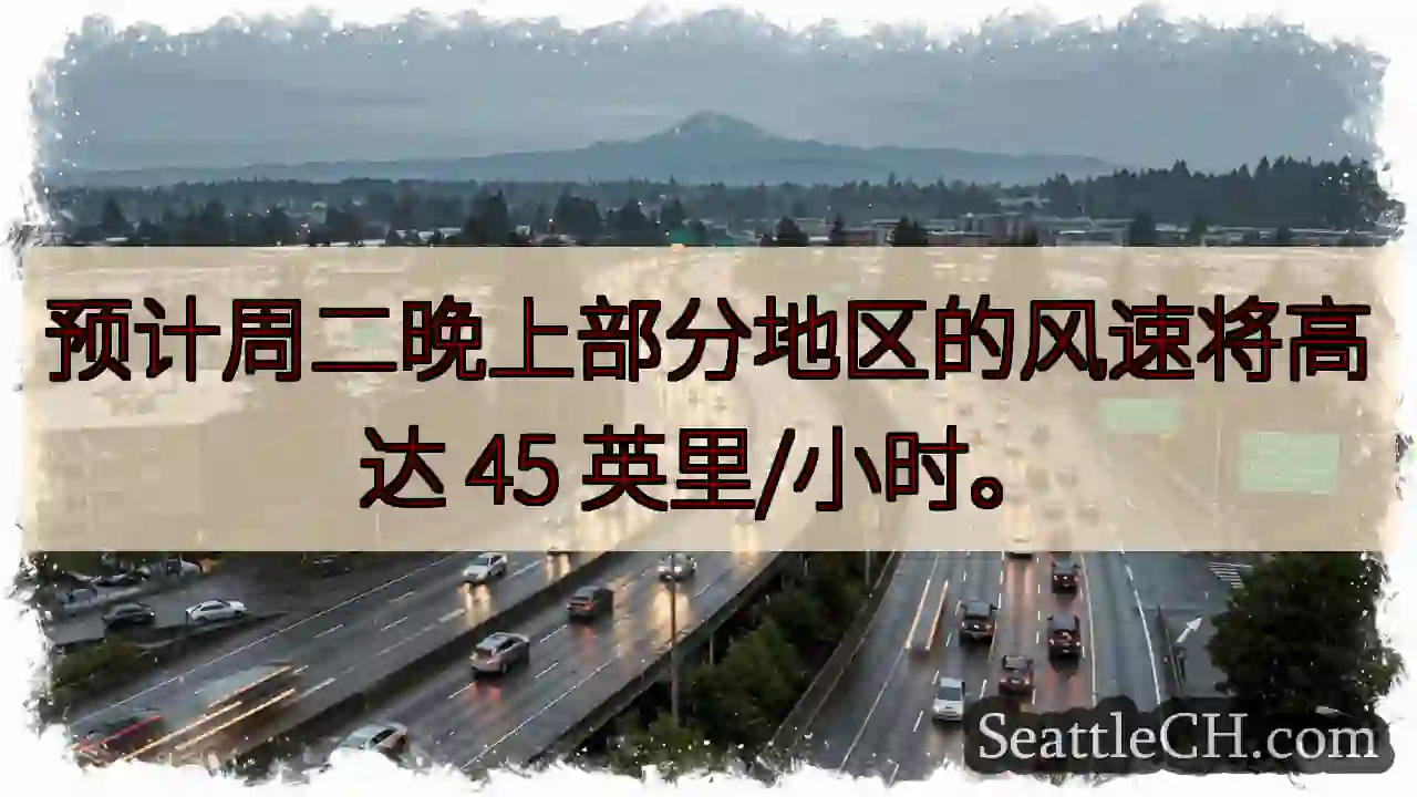 预计周二晚上部分地区的风速将高达 45 英里/小时。