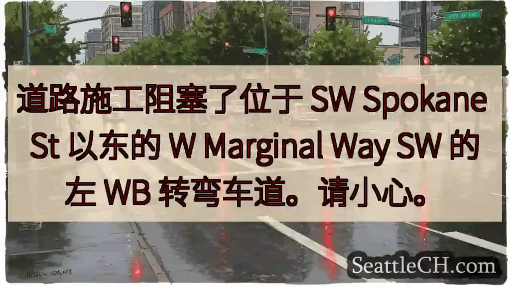 道路施工阻塞了位于 SW Spokane St 以东的 W Marginal Way SW 的左