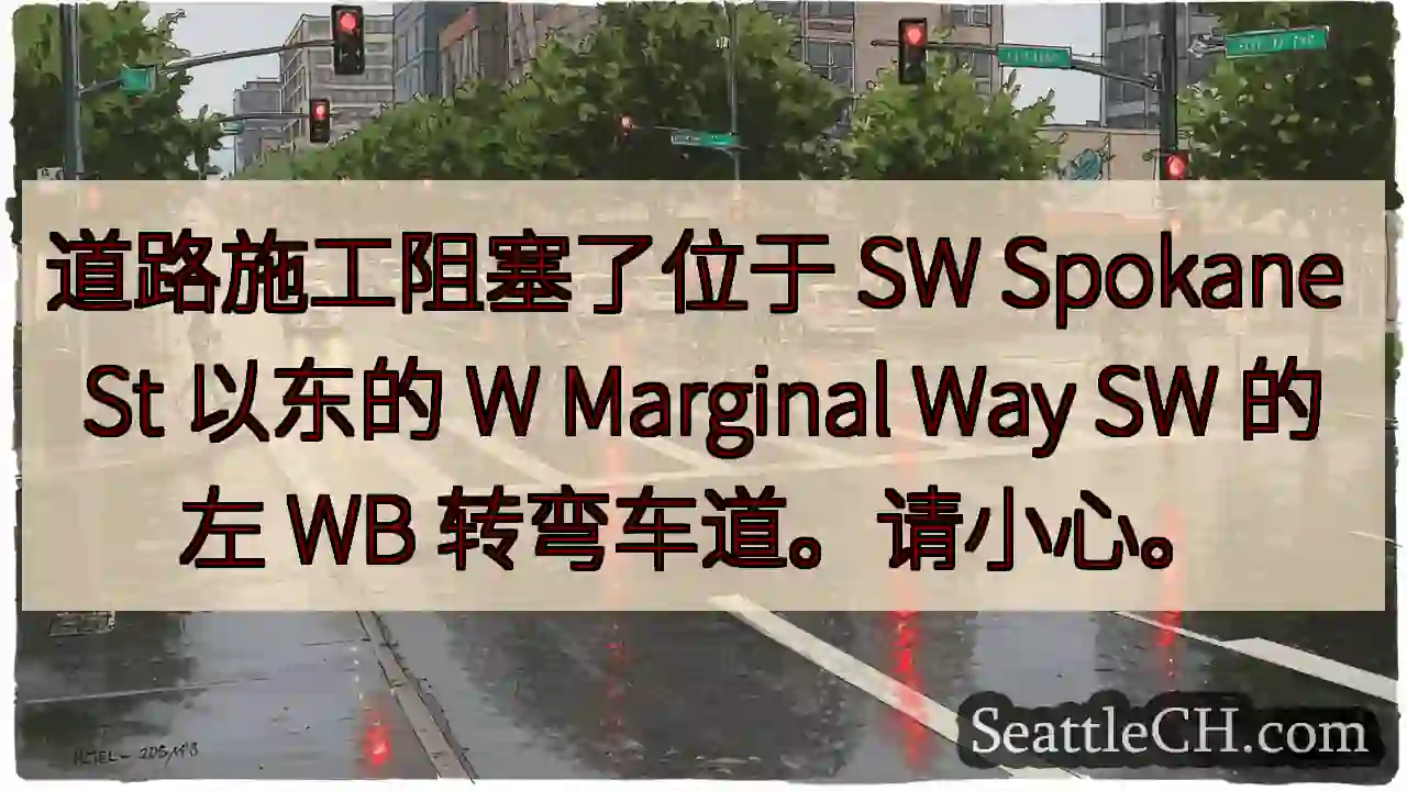 道路施工阻塞了位于 SW Spokane St 以东的 W Marginal Way SW 的左