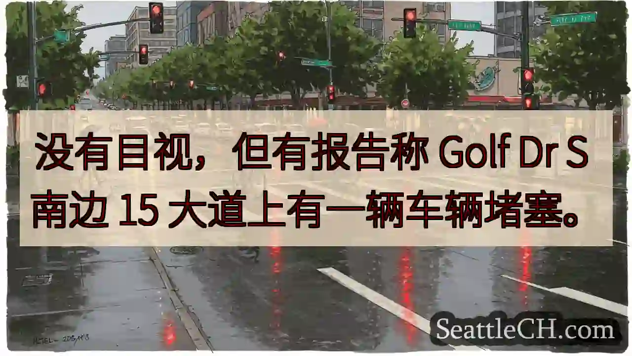 没有目视，但有报告称 Golf Dr S 南边 15 大道上有一辆车辆堵塞。