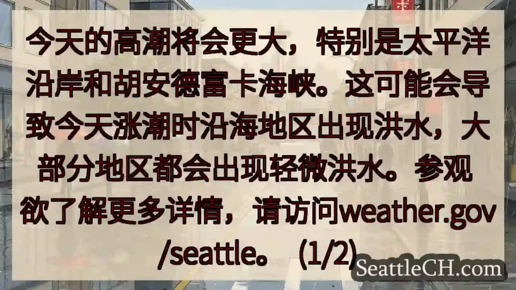 今天的高潮将会更大,特别是太平洋沿岸和胡安德富卡海峡。这可能会导致今天涨潮时沿海地区出现洪水,大部分