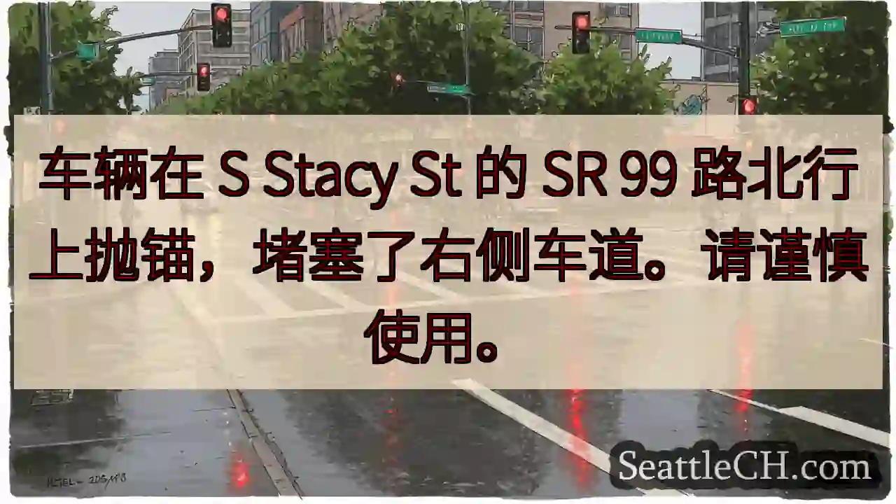 车辆在 S Stacy St 的 SR 99 路北行上抛锚，堵塞了右侧车道。请谨慎使用。