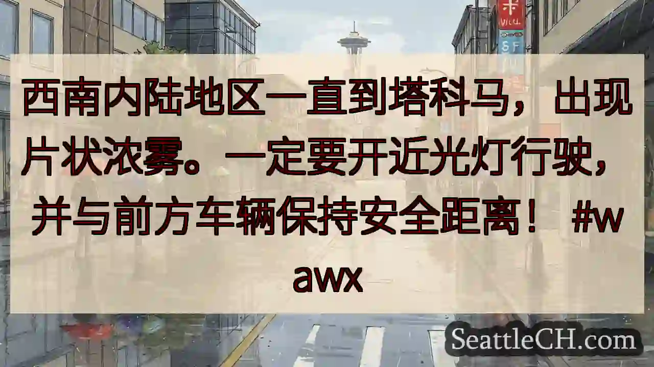 西南内陆地区一直到塔科马，出现片状浓雾。一定要开近光灯行驶，并与前方车辆保持安全距离！ #wawx