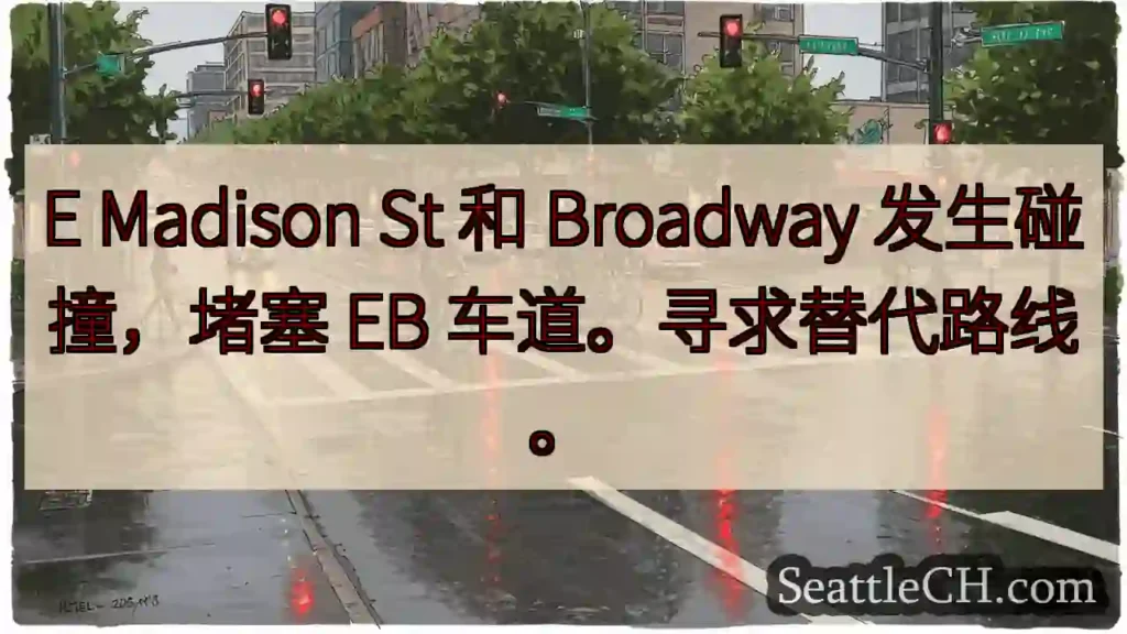 E Madison St 和 Broadway 发生碰撞,堵塞 EB 车道。寻求替代路线。