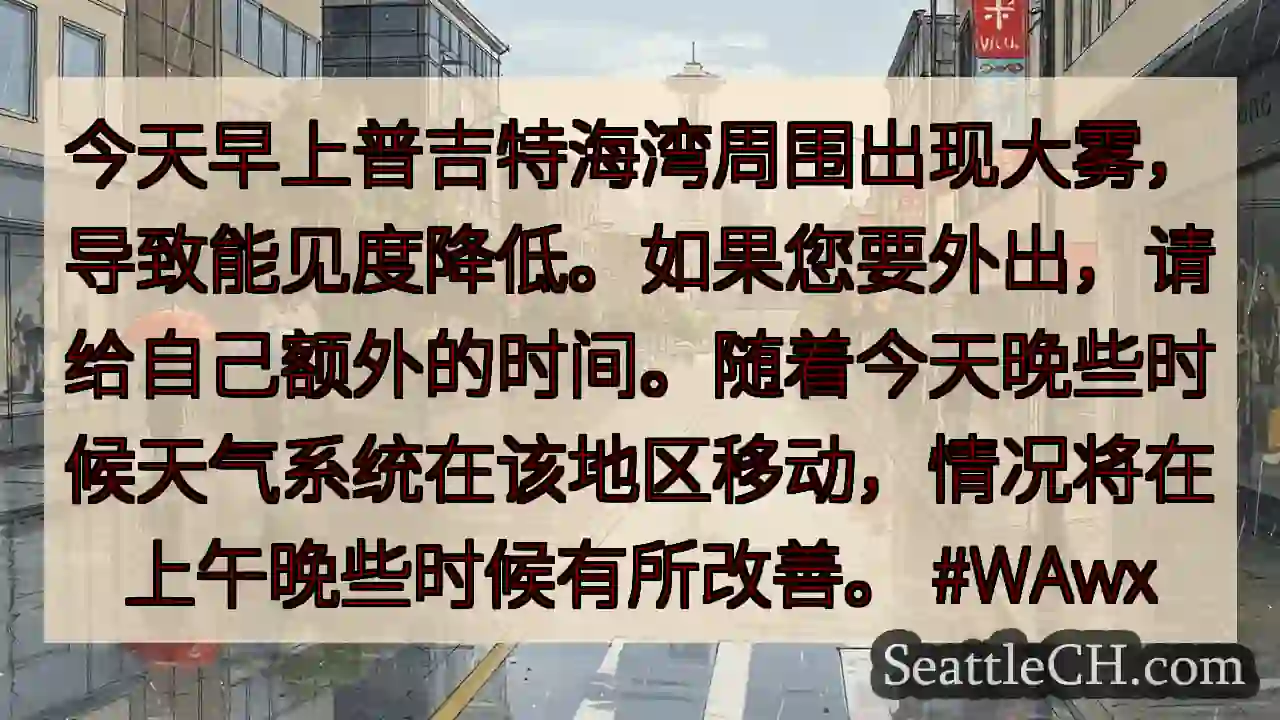 今天早上普吉特海湾周围出现大雾，导致能见度降低。如果您要外出，请给自己额外的时间。随着今天晚些时候天