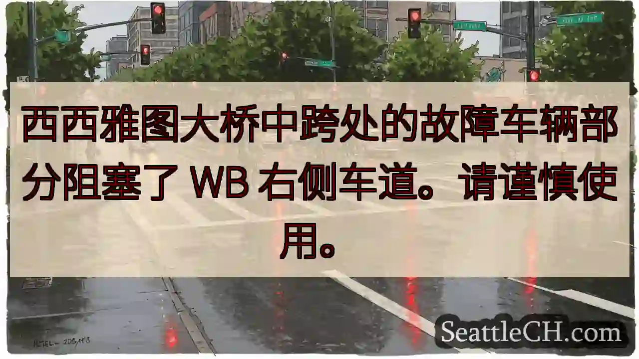 西西雅图大桥中跨处的故障车辆部分阻塞了 WB 右侧车道。请谨慎使用。