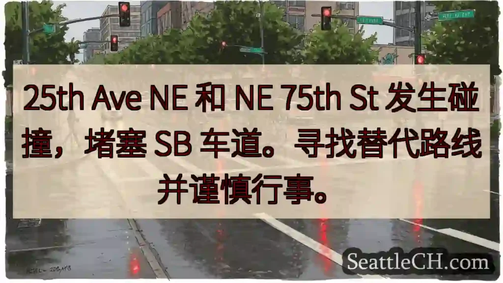 25th Ave NE 和 NE 75th St 发生碰撞，堵塞 SB