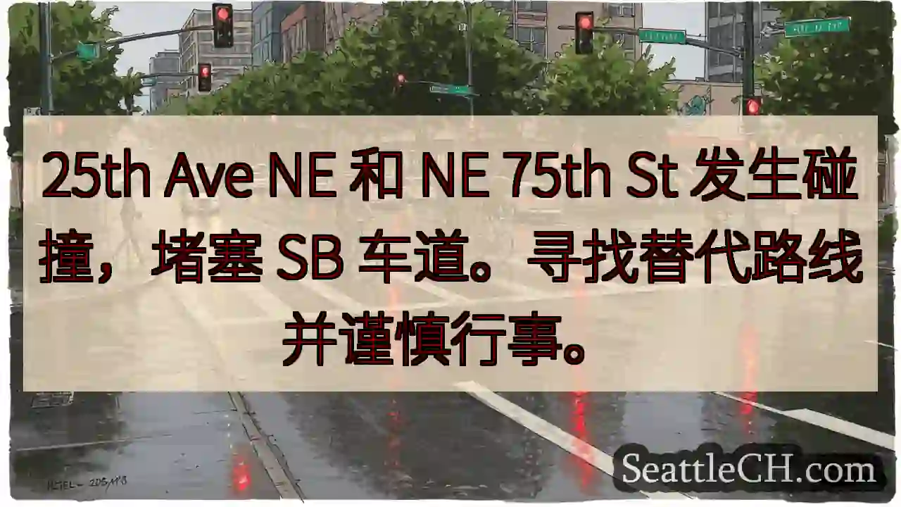 25th Ave NE 和 NE 75th St 发生碰撞，堵塞 SB