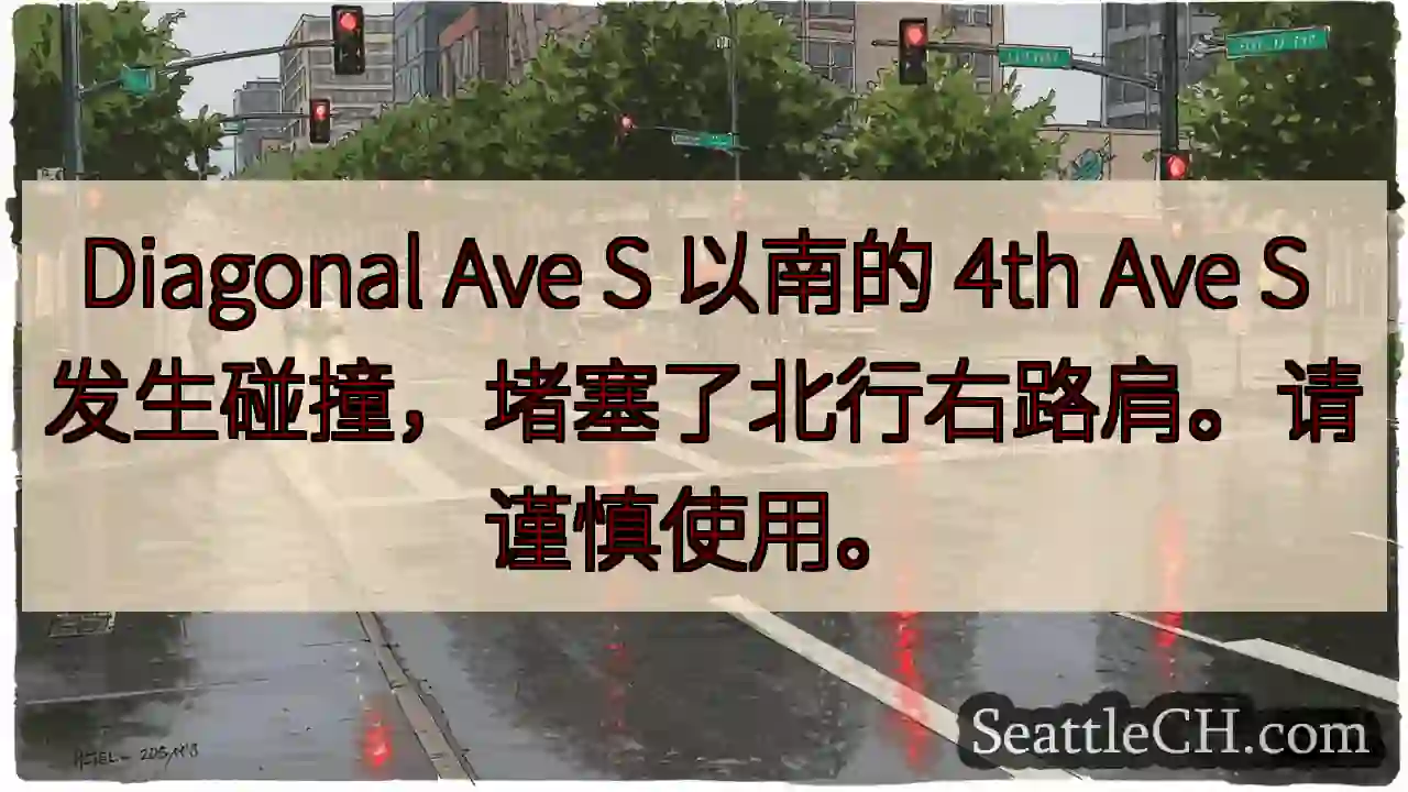 Diagonal Ave S 以南的 4th Ave S 发生碰撞，堵塞了北行右路肩。请谨慎使用。