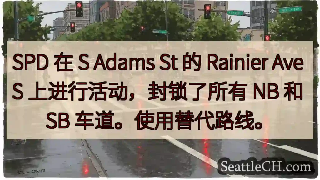 SPD 在 S Adams St 的 Rainier Ave S 上进行活动，封锁了所有 NB 和