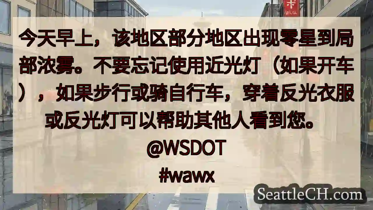 今天早上，该地区部分地区出现零星到局部浓雾。不要忘记使用近光灯（如果开车），如果步行或骑自行车，穿着
