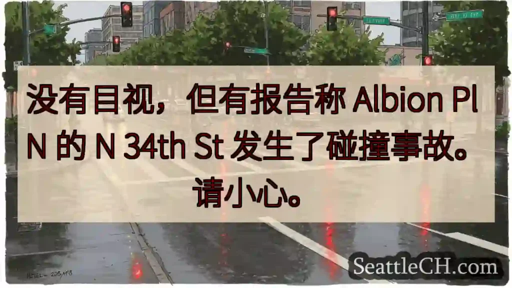 没有目视，但有报告称 Albion Pl N 的 N 34th St 发生了碰撞事故。请小心。