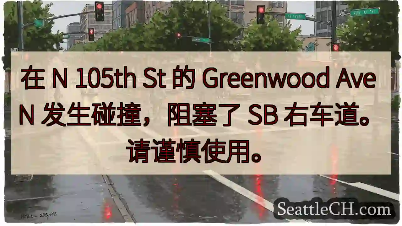 在 N 105th St 的 Greenwood Ave N 发生碰撞，阻塞了 SB