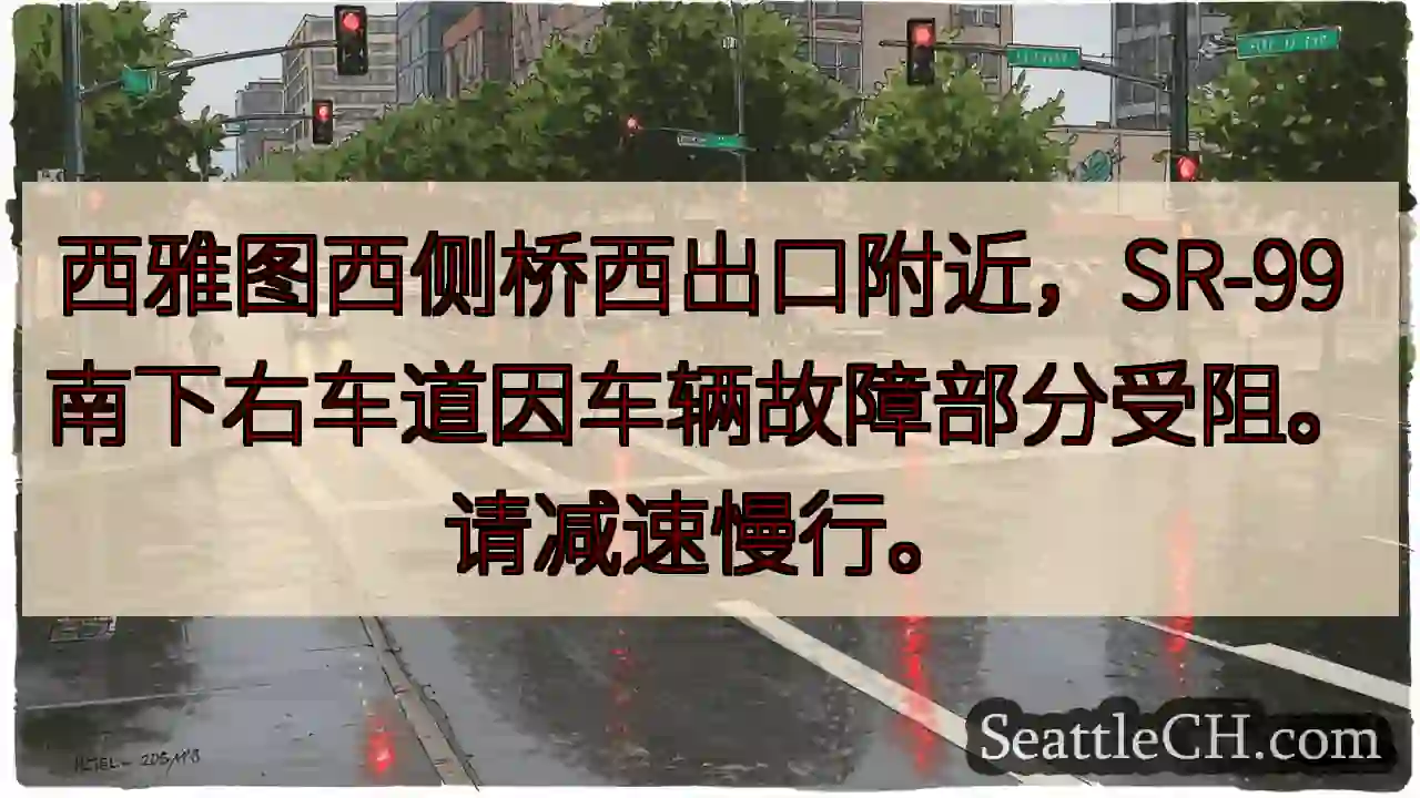 西侧桥右车道受阻！请减速。