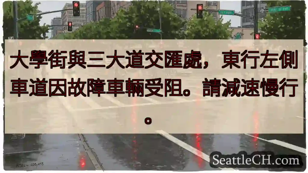 前方車輛故障！請減速慢行。