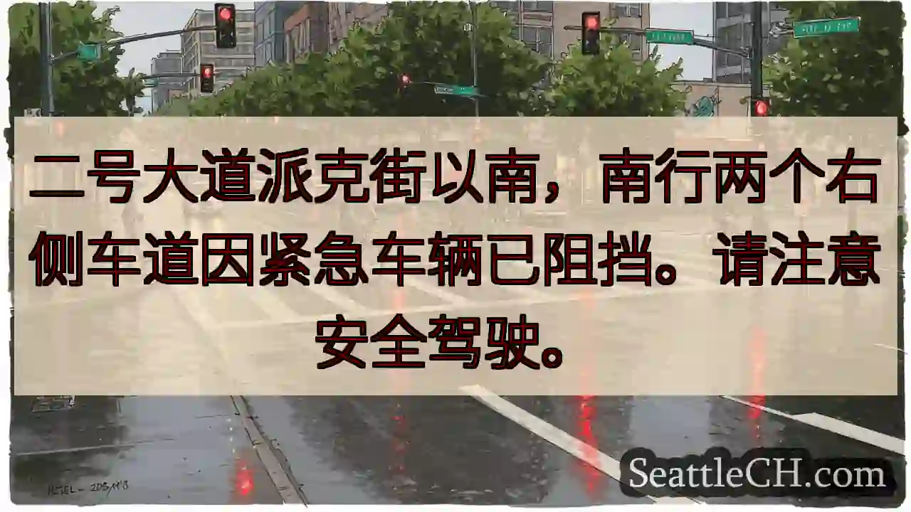 派克街南，车道受阻！注意安全。