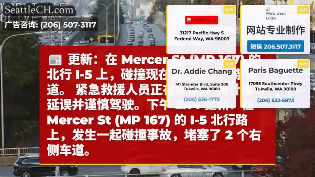 更新：在 Mercer St (MP 167) 的北行 I-5 上，碰撞现在仅阻塞了一条车道。