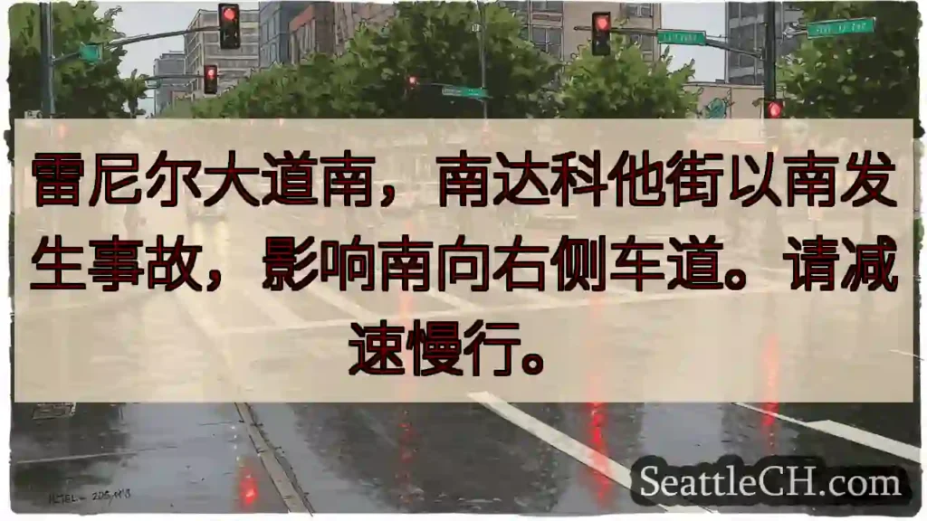 雷尼尔南，右侧车道受阻！减速慢行。