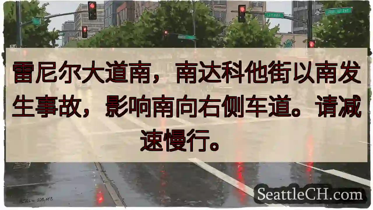 雷尼尔南，右侧车道受阻！减速慢行。