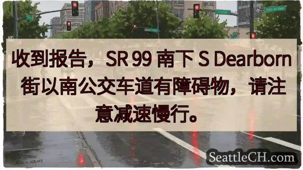 SR 99 南下:公交车道有障碍!减速慢行。